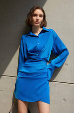 Load image into Gallery viewer, Velda Wrap Button Satin Shirt Dress- Blue