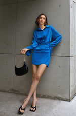 Load image into Gallery viewer, Velda Wrap Button Satin Shirt Dress- Blue