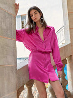 Load image into Gallery viewer, Tahli Satin Shirt Dress in Pink