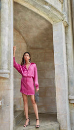 Load image into Gallery viewer, Tahli Satin Shirt Dress in Pink