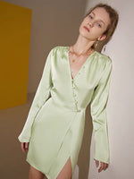 Load image into Gallery viewer, Japanese Satin Button Wrap Dress in Green