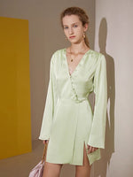 Load image into Gallery viewer, Japanese Satin Button Wrap Dress in Green