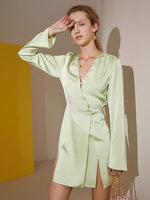 Load image into Gallery viewer, Japanese Satin Button Wrap Dress in Green