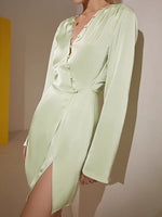 Load image into Gallery viewer, Japanese Satin Button Wrap Dress in Green