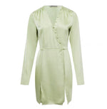 Load image into Gallery viewer, Japanese Satin Button Wrap Dress in Green