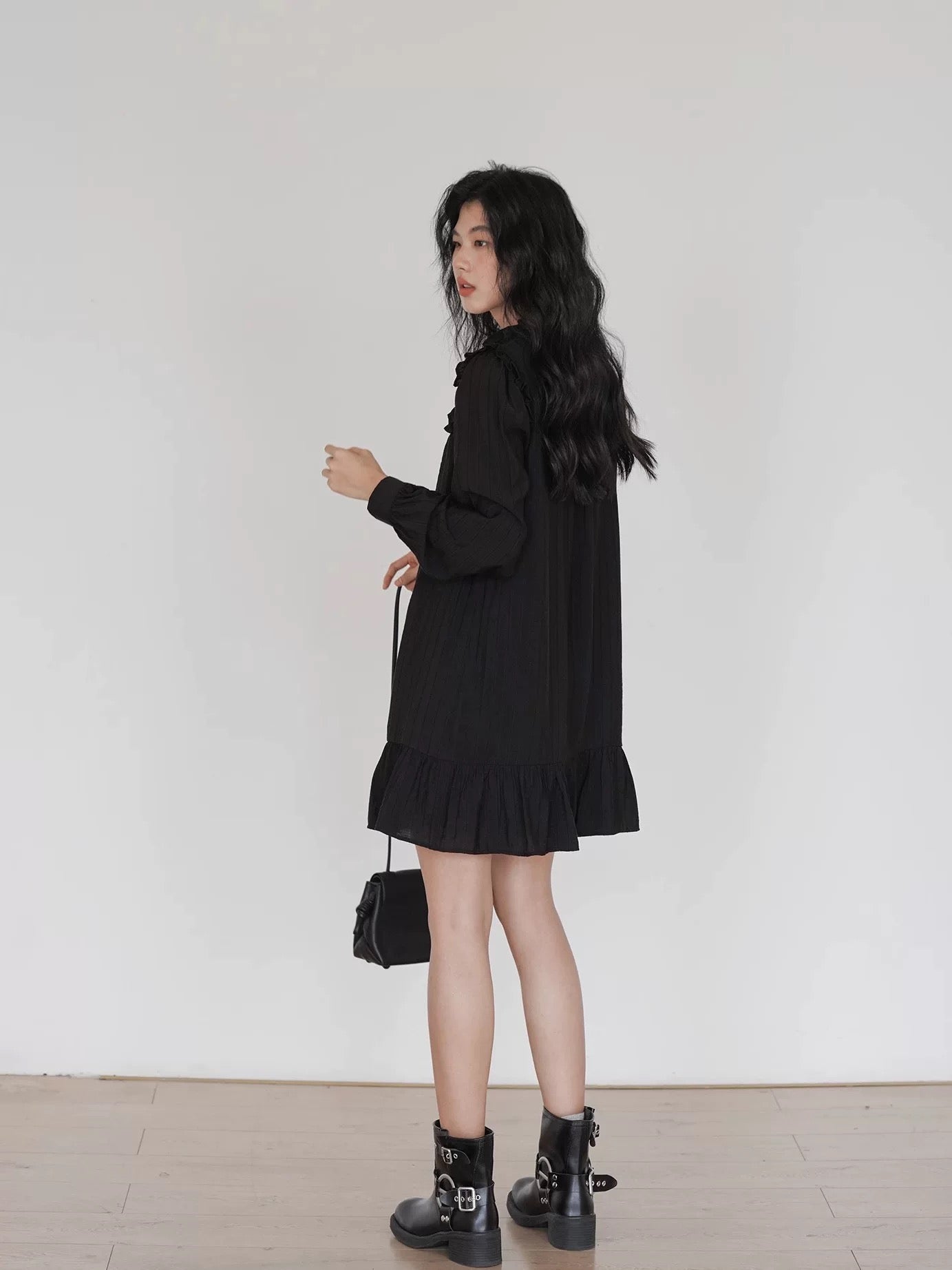 Relaxed Long Sleeve Slip Dress in Black