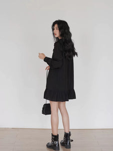 Relaxed Long Sleeve Slip Dress in Black