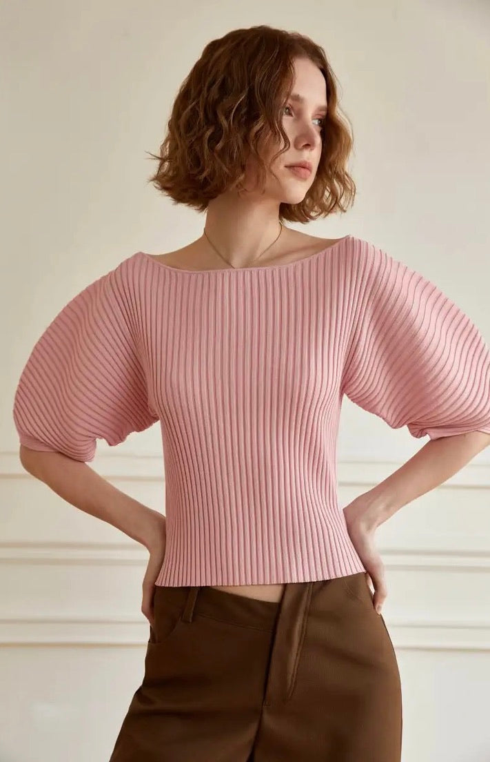 Knitted Puff Sleeve Ribbed Top in Pink