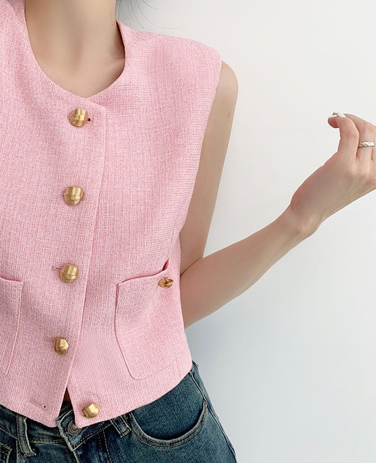 Tweed Pocket Vest Top in Pink