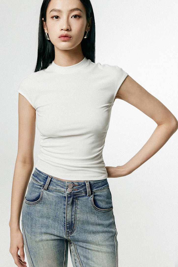 Cap Sleeve Side Shirring Top in White