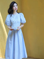 Load image into Gallery viewer, Checked Puff Sleeve Midi Dress in Blue
