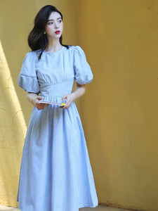 Checked Puff Sleeve Midi Dress in Blue