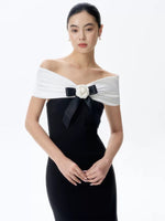 Load image into Gallery viewer, Off Shoulder Contrast Stretch Gown in Black

