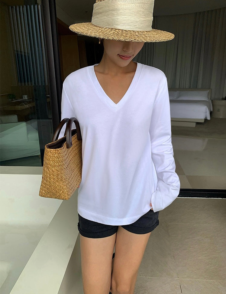 Relaxed V Long Sleeve Top in White