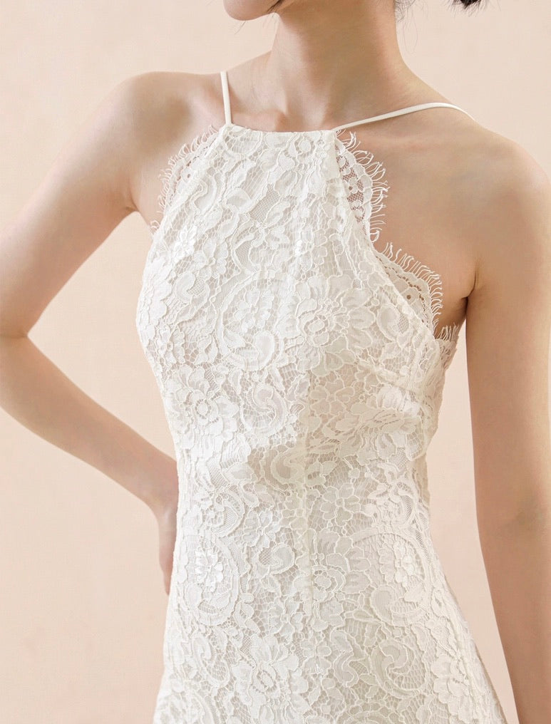 Drop Back Floral Lace Gown in White