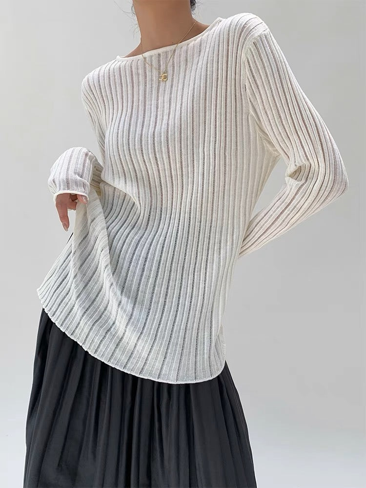 Sheer Line Long Sleeve Top in White