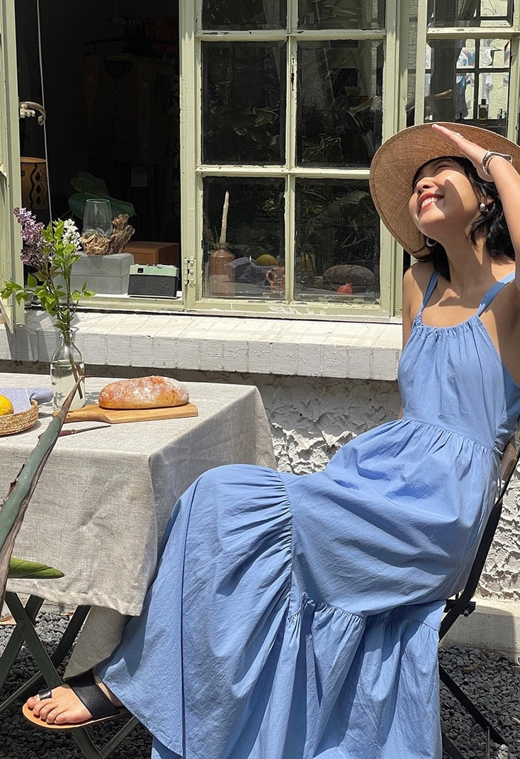 Tencel Blend Criss Cross Back Tie Maxi Dress in Blue LEXI + LOU Tencel Blend Criss Cross Back Tie Maxi Dress in Blue LEXI + LOU
