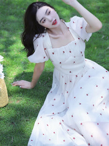 Floral Puff Sleeve Midi Dress in White