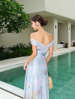 Load image into Gallery viewer, Printed Off Shoulder Dress in Blue
