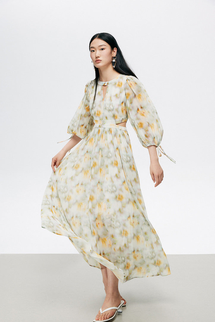 Floral Blouson Side Cutout Maxi Dress in Yellow