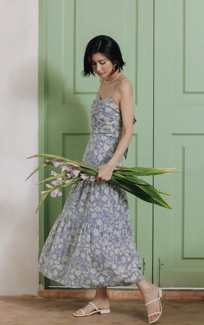 Tie Back Floral Panel Maxi Dress in Blue