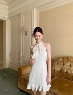 Load image into Gallery viewer, Floral Flute Hem Cheongsam Dress in Cream
