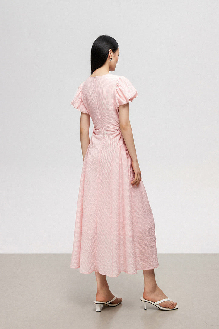 Tencel Puff Sleeve Cutout Dress in Pink