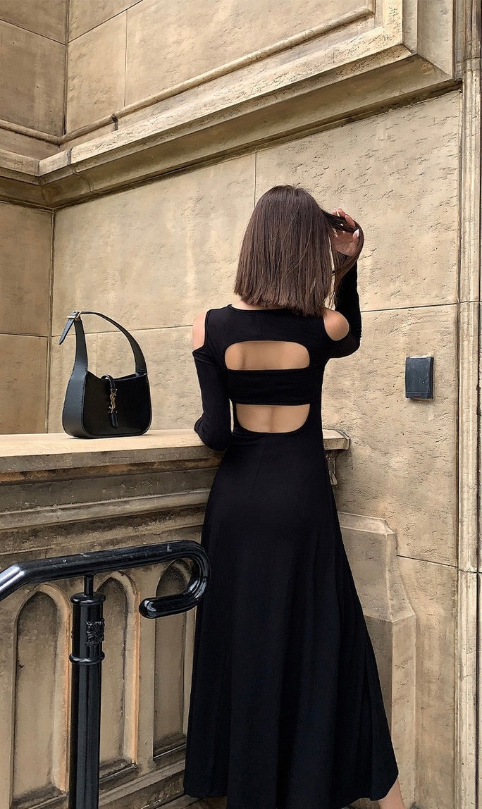 Long Sleeve Cutout Back Maxi Dress in Black