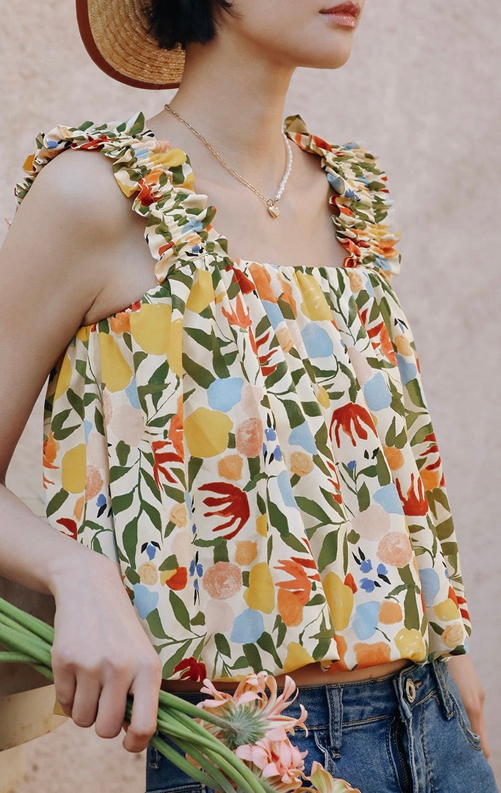 Floral Gathered Strap Bubble Top in Multi