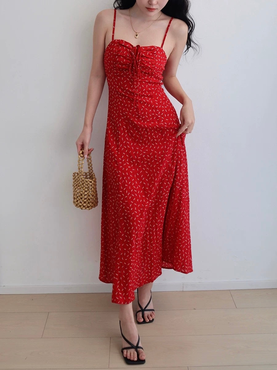 Crepe Floral Cami Midi Dress in Red