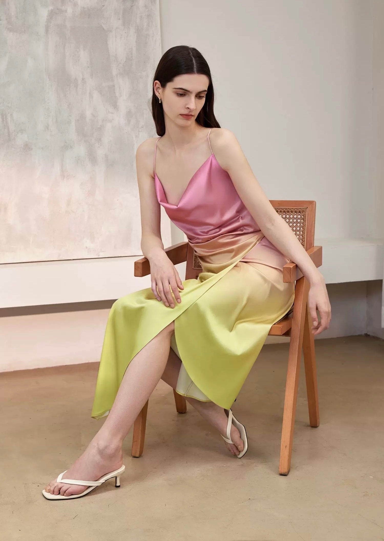 Ombre Drape Wrap Cami Dress in Pink/Yellow