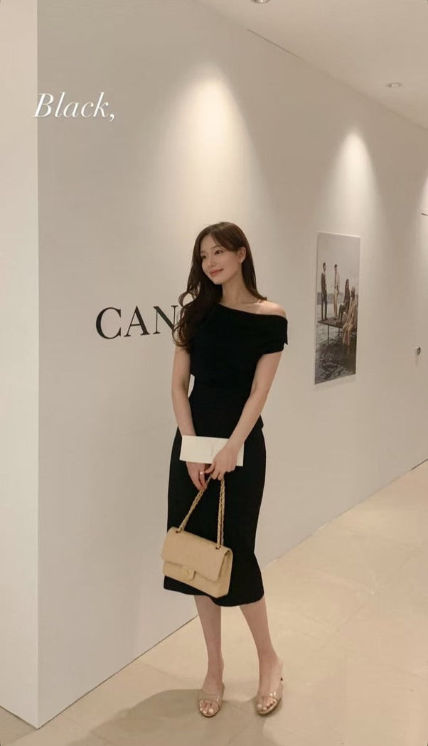Korean Wide Shoulder Sheath Midi Dress [2 Colours]