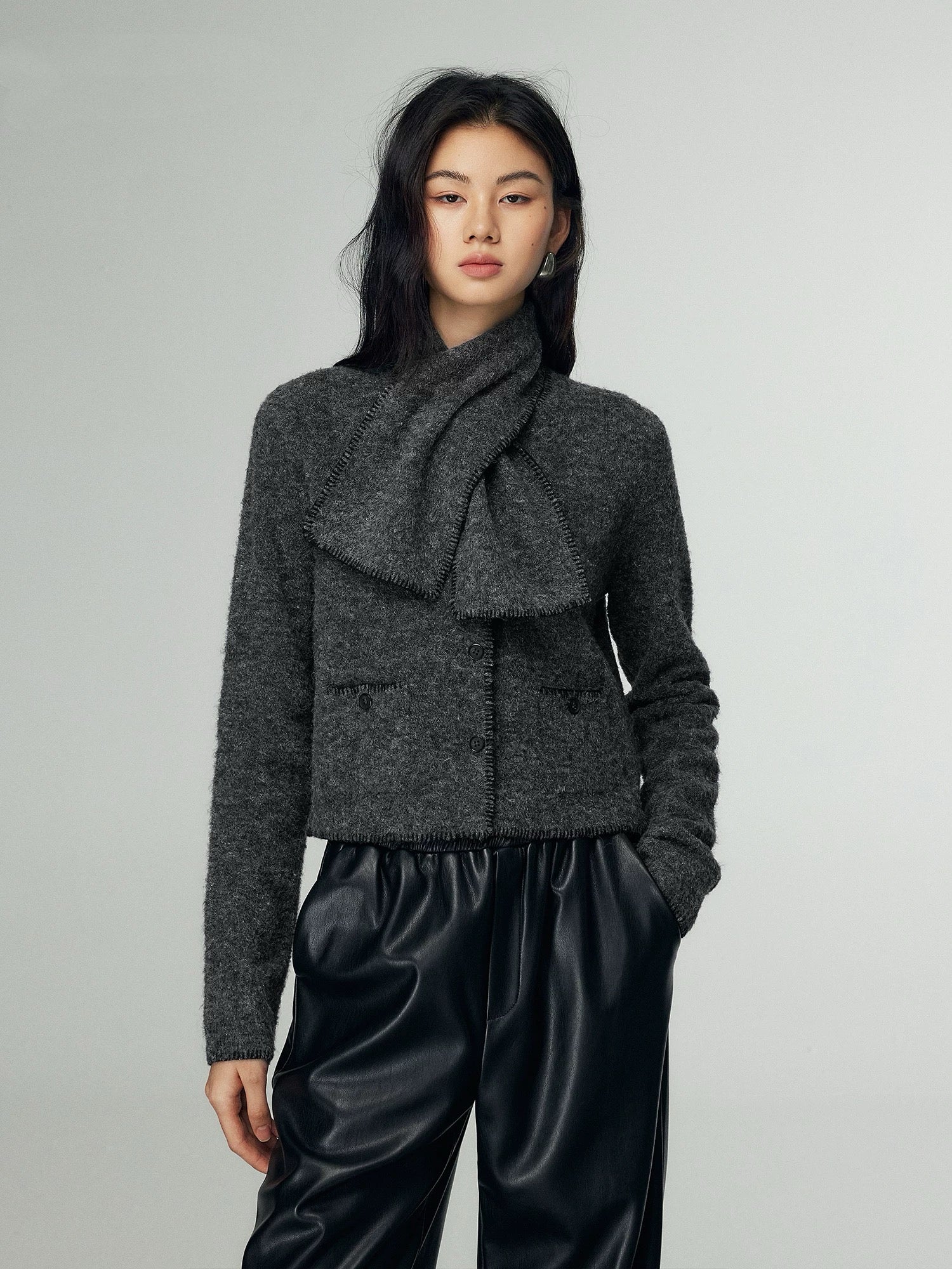 Woolen Jacket + Scarf Set in Grey