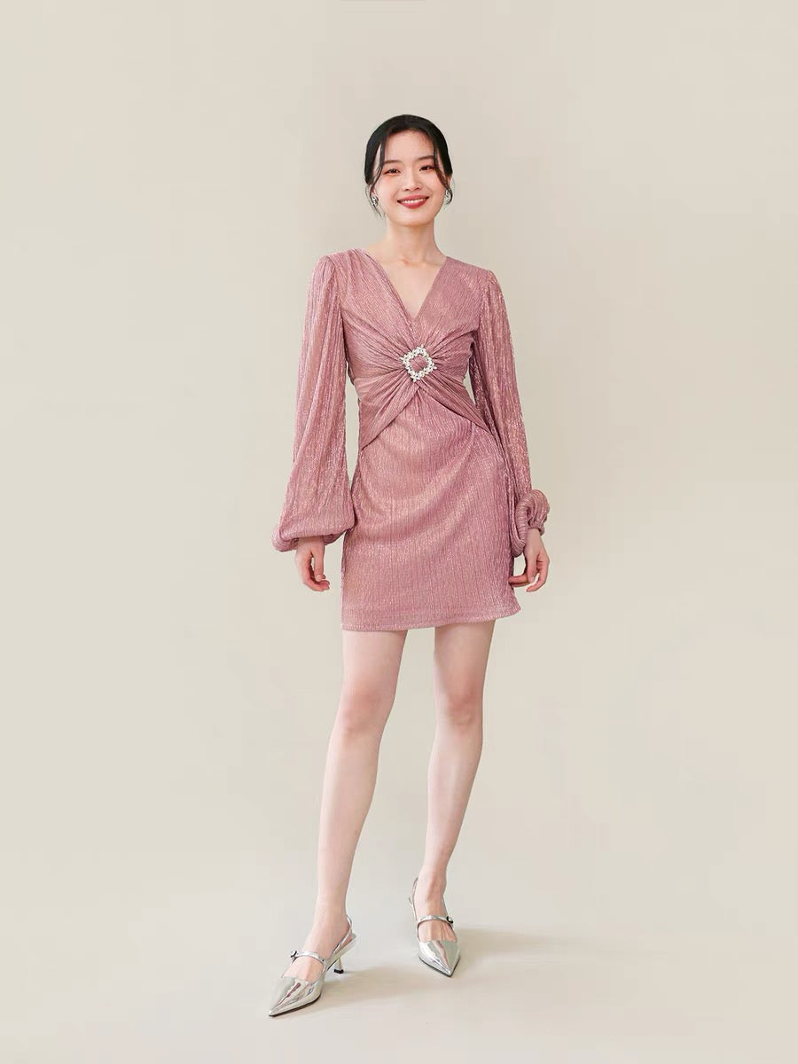 Textured Blouson Sleeve Mini Dress in Pink