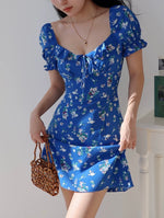 Load image into Gallery viewer, Boria Floral Puff Sleeve Mini Dress in Blue
