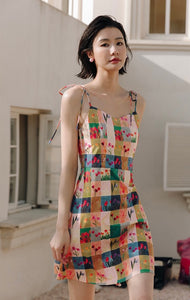 Floral Patchwork Tie Mini Dress in Multi