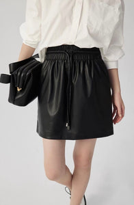 Faux Leather Drawstring Pocket Skirt in Black