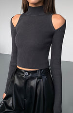 Load image into Gallery viewer, Shoulder Cutout Turtleneck Knit Top in Grey

