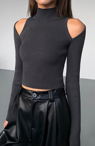 Shoulder Cutout Turtleneck Knit Top in Grey