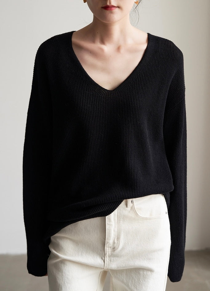 Relaxed Wool Ribbed Sweater in Black