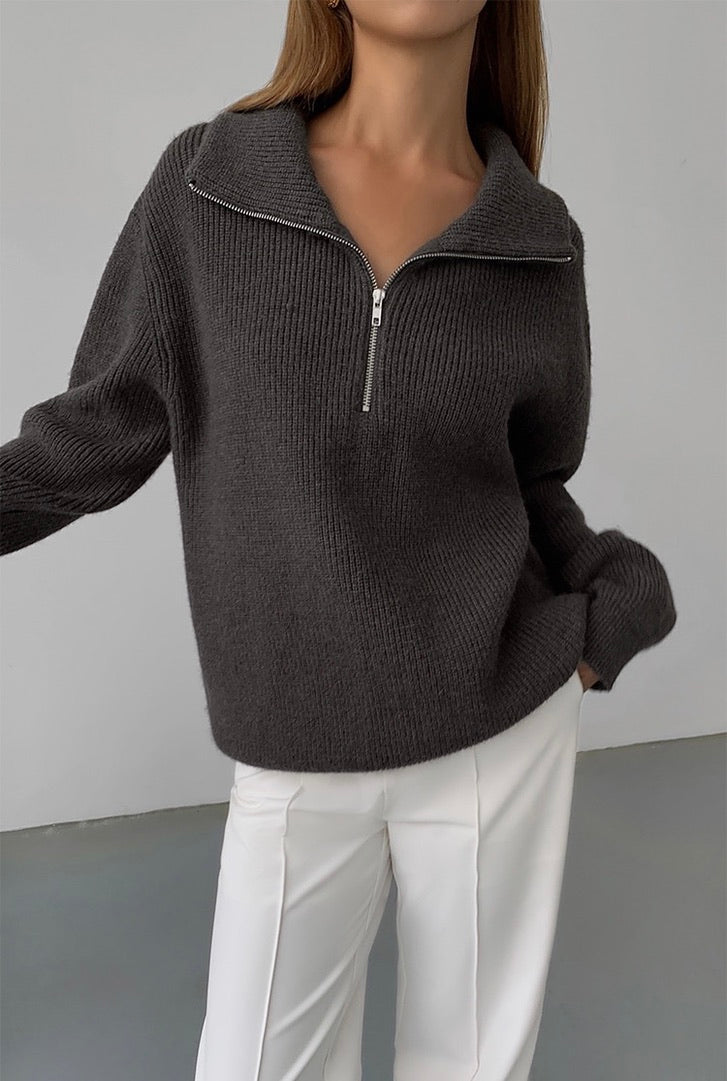 Half Zip Relaxed Knitted Sweater in Grey