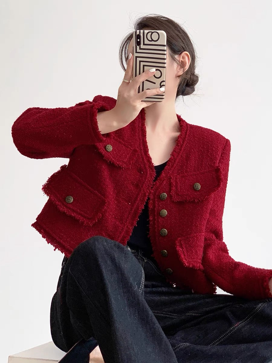 Fray Edge Tweed Jacket in Red