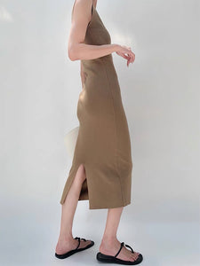 U Neck Knit Midi Sleeveless Dress in Latte