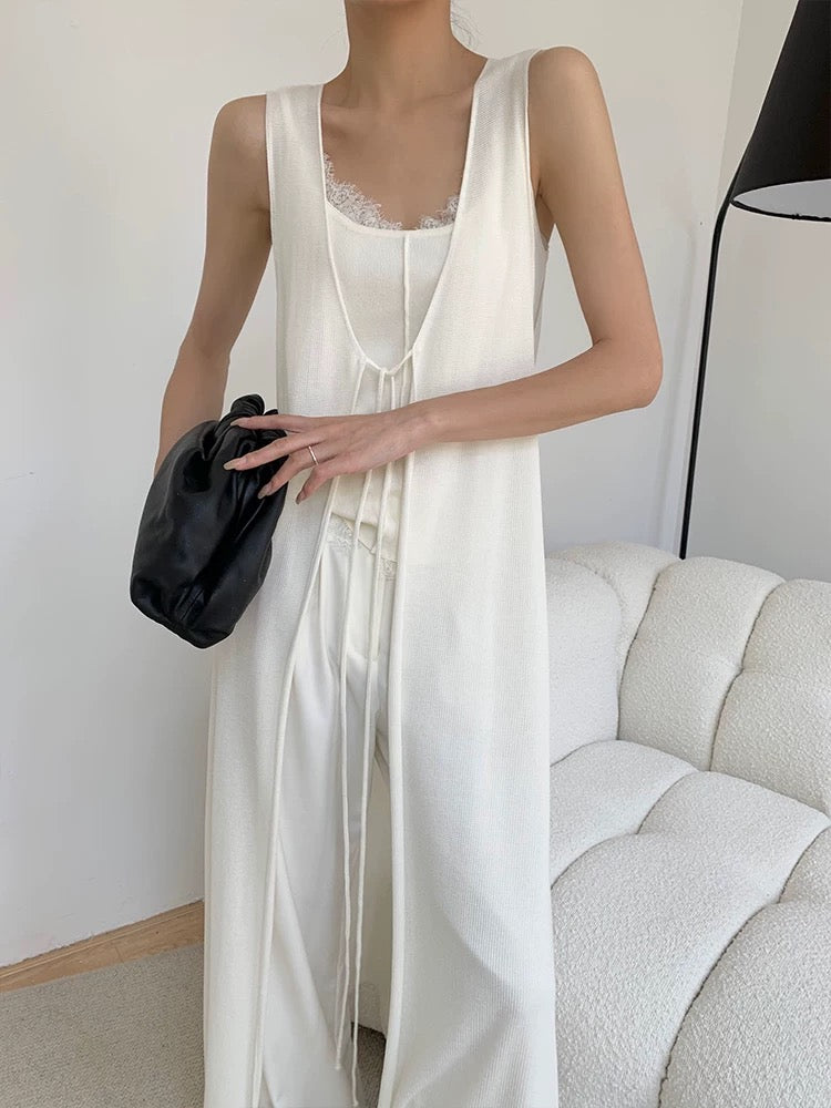 Light Knit Sleeveless Maxi Tie Cardigan in Cream