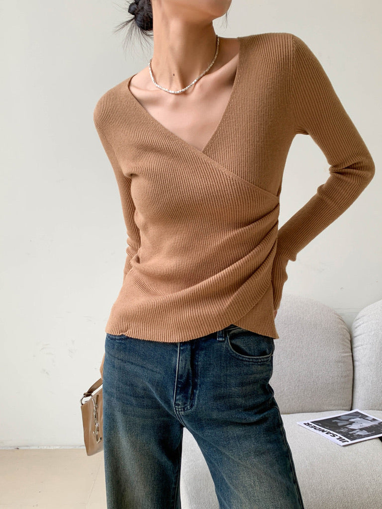 Side Gather Wrap Knit Top in Camel