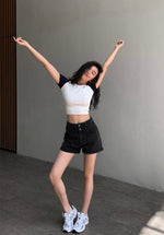 Load image into Gallery viewer, Double Button Fray Hem Denim Shorts in Black
