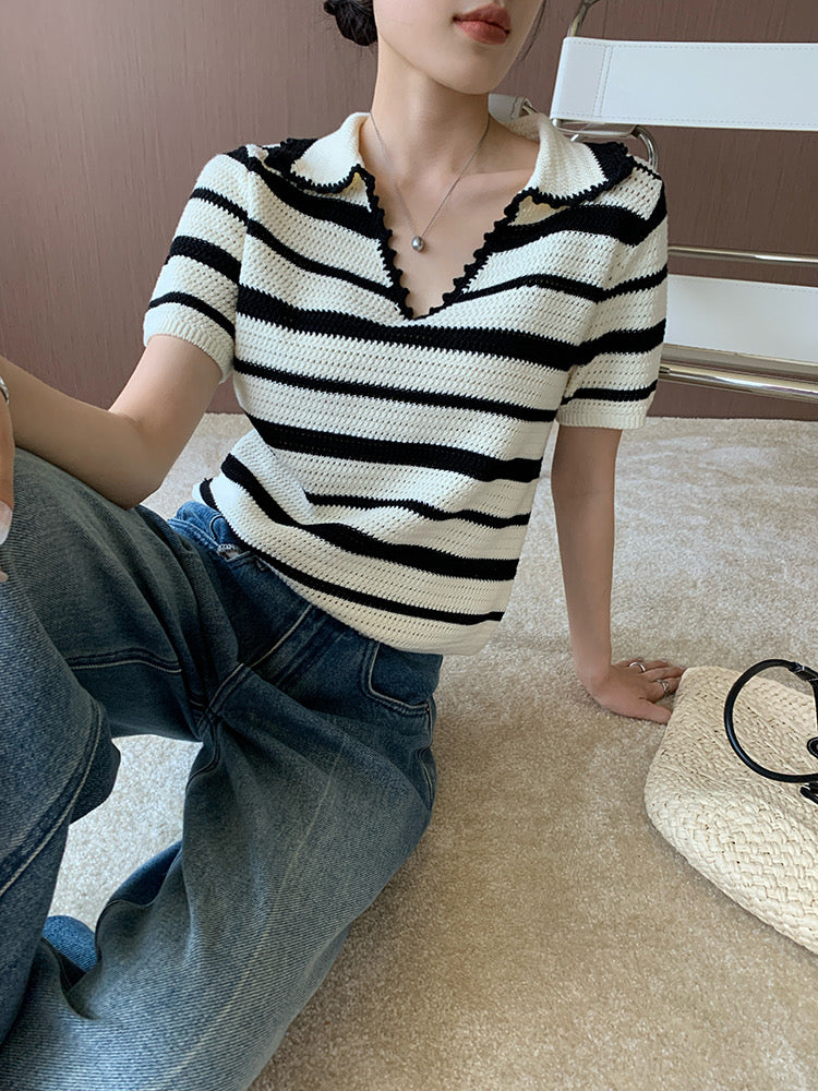 Striped Knit Polo Top in White/Black