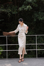 Load image into Gallery viewer, Satin Gathered Shirt Dress in Champagne
