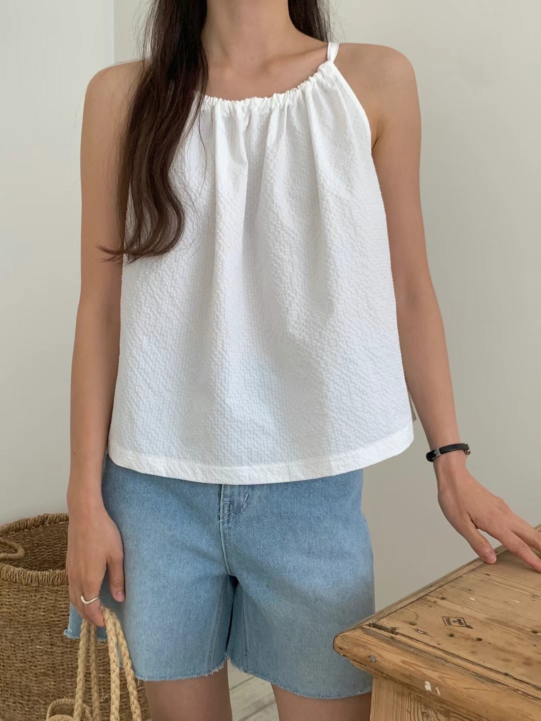 Korean Textured Tie Cami Top in White