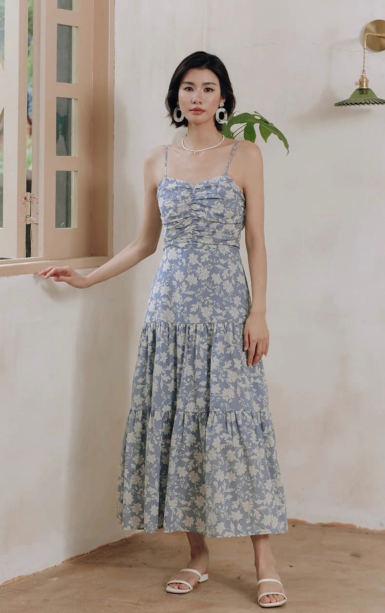 Tie Back Floral Panel Maxi Dress in Blue